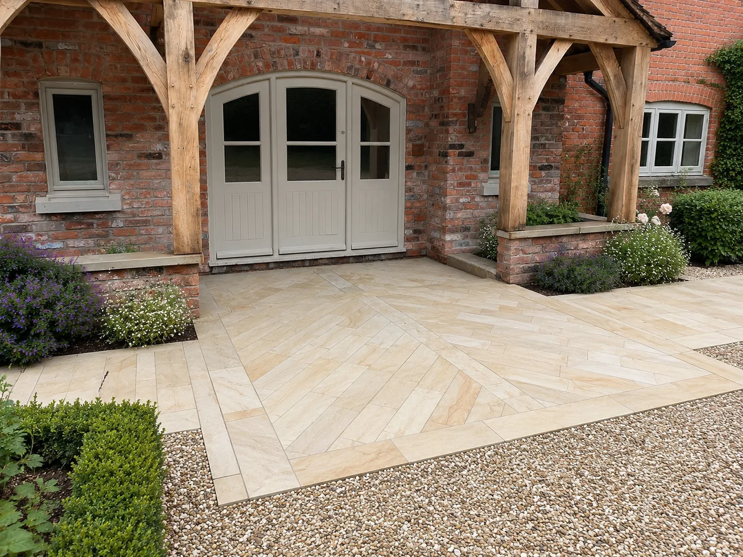 A stone terrace with pale tiles in a herringbone pattern, set beneath wooden beams and in front of a brick building with arched doors.