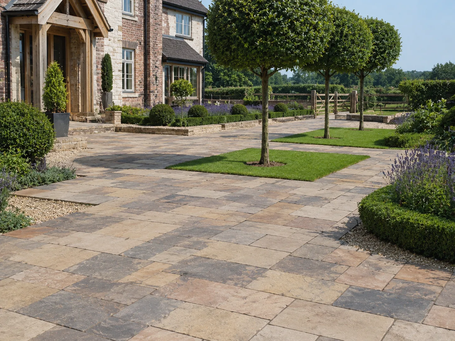 A paved courtyard with stone tiles, surrounded by trimmed topiary trees and a brick house in the background.