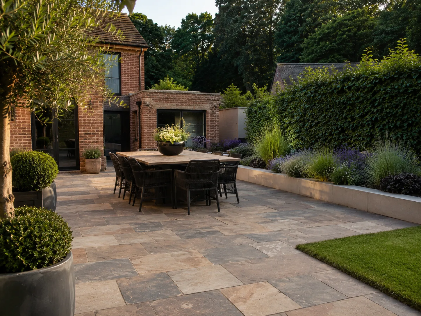 A stone terrace with a dining table and chairs, surrounded by plants and a brick house in the background.