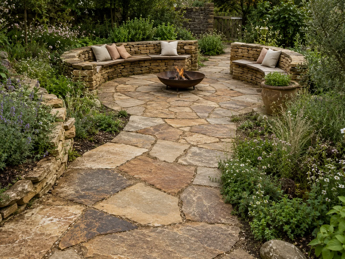 A garden with curved stone benches, a central fire pit, and a stone path surrounded by greenery.