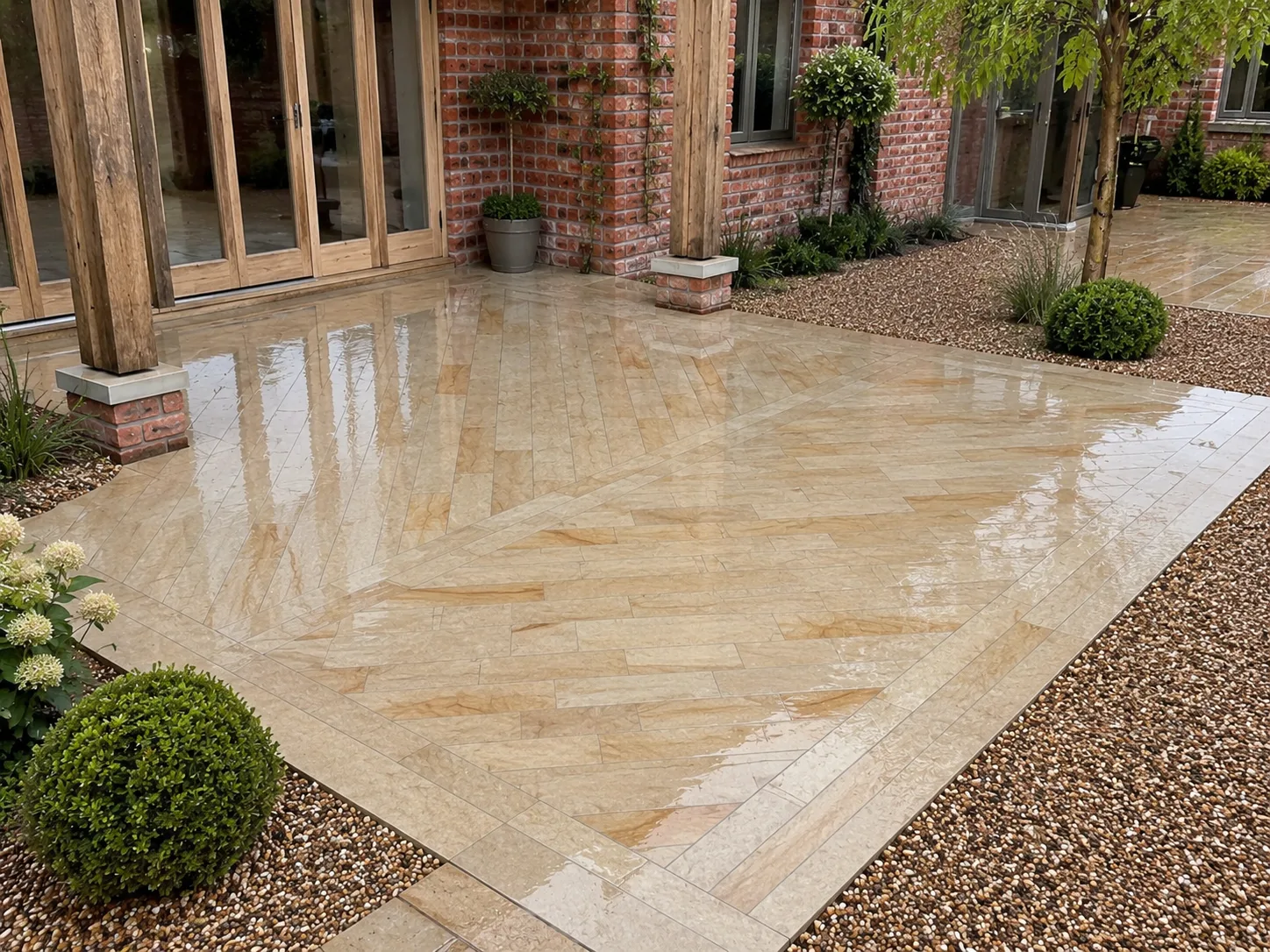 A courtyard with wet paving arranged in a herringbone pattern, bordered by gravel and plants, next to a brick building with wooden doors.