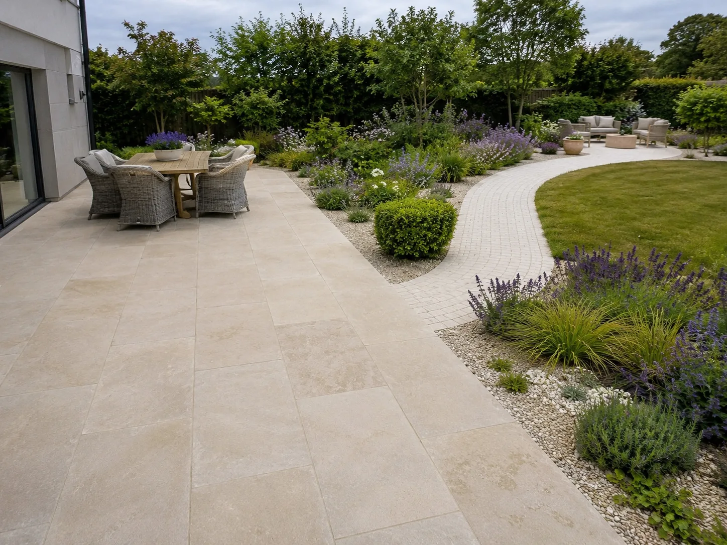 A garden with a paved terrace, wicker furniture, curved stone path, and various plants and shrubs.