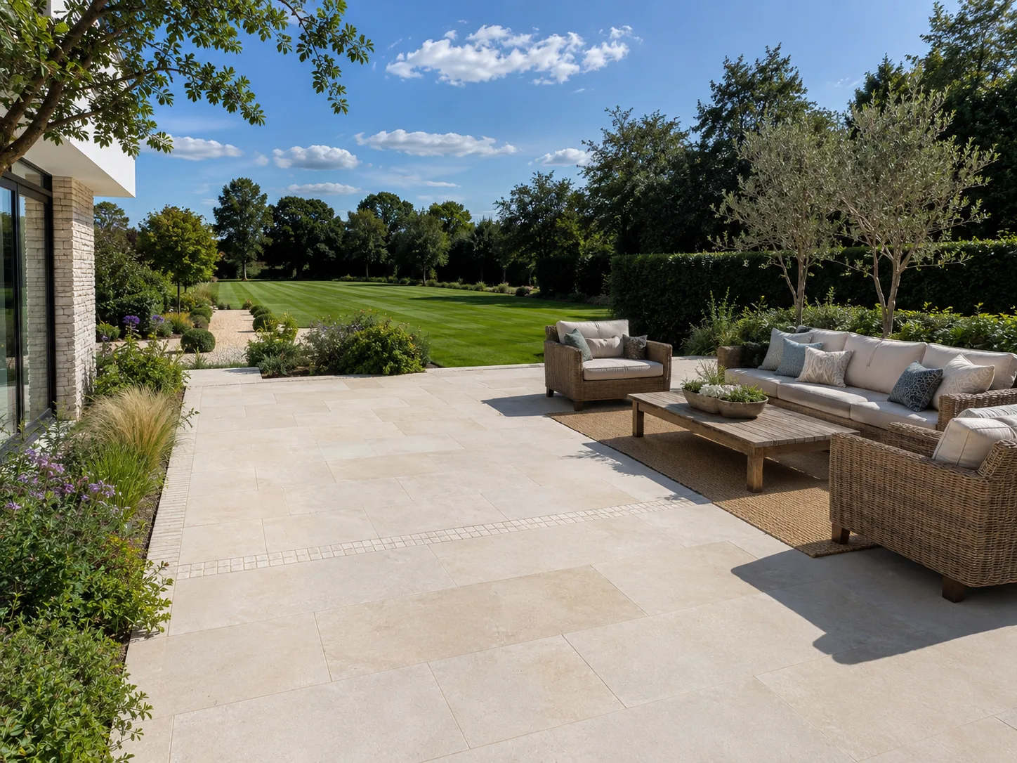A spacious patio with pale stone tiles, outdoor furniture, and a view of a lush green lawn and trees.