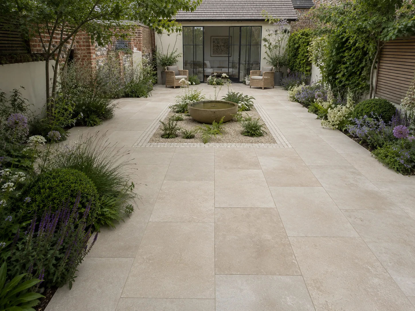 A courtyard with large stone tiles, a central stone fountain, and surrounding greenery.