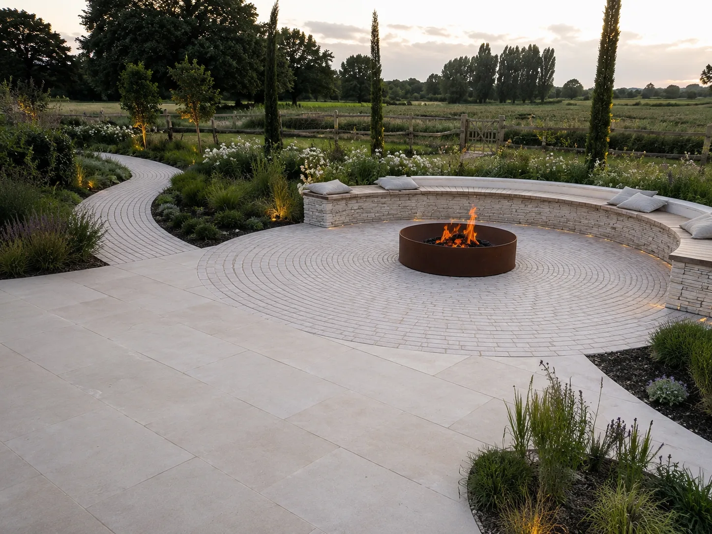 A landscaped garden with a circular paved area featuring a fire pit, surrounded by plants and a curved stone bench.