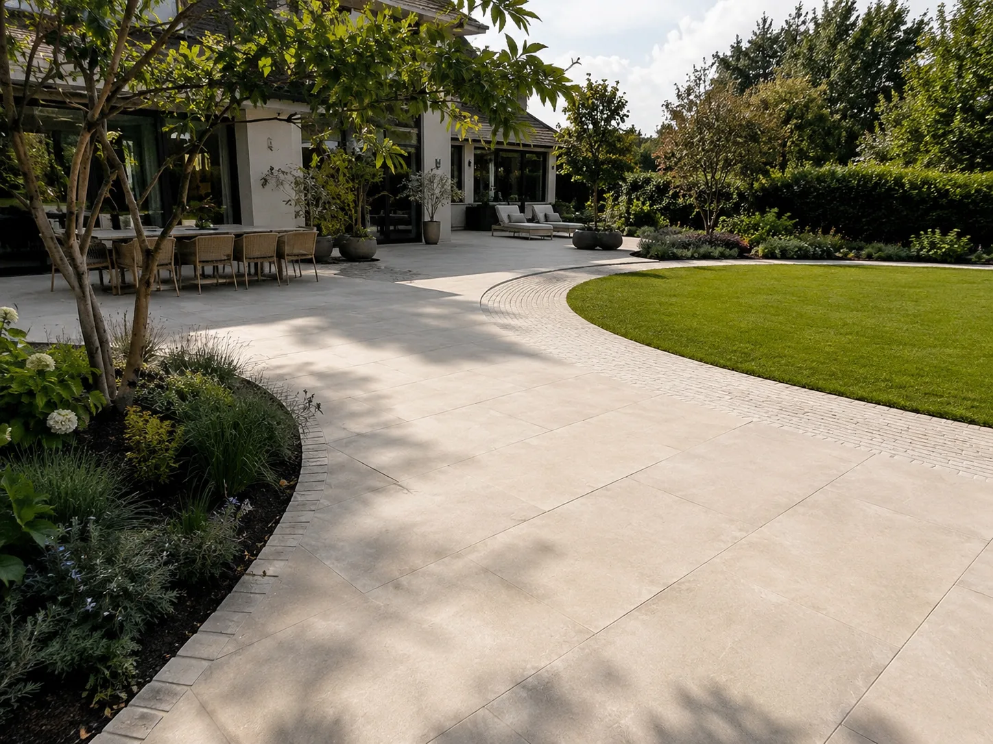 A garden with a large paved terrace, outdoor dining area, and a curved lawn surrounded by trees and plants.