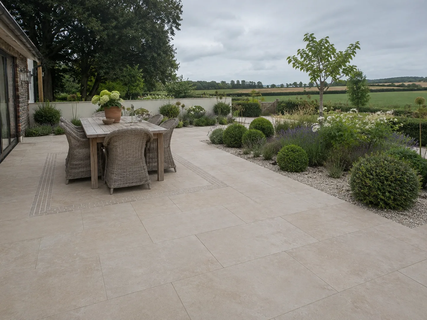 A garden terrace with a dining table and chairs, surrounded by plants and overlooking a field.