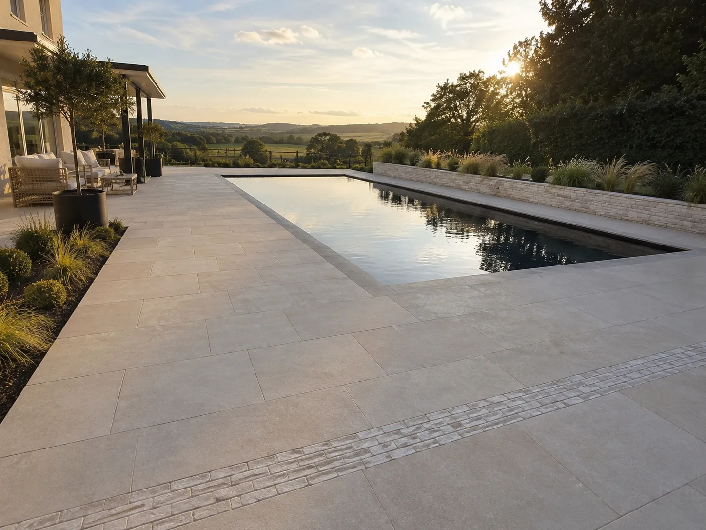 A modern outdoor pool surrounded by a pale stone terrace with a view of the countryside at sunset.
