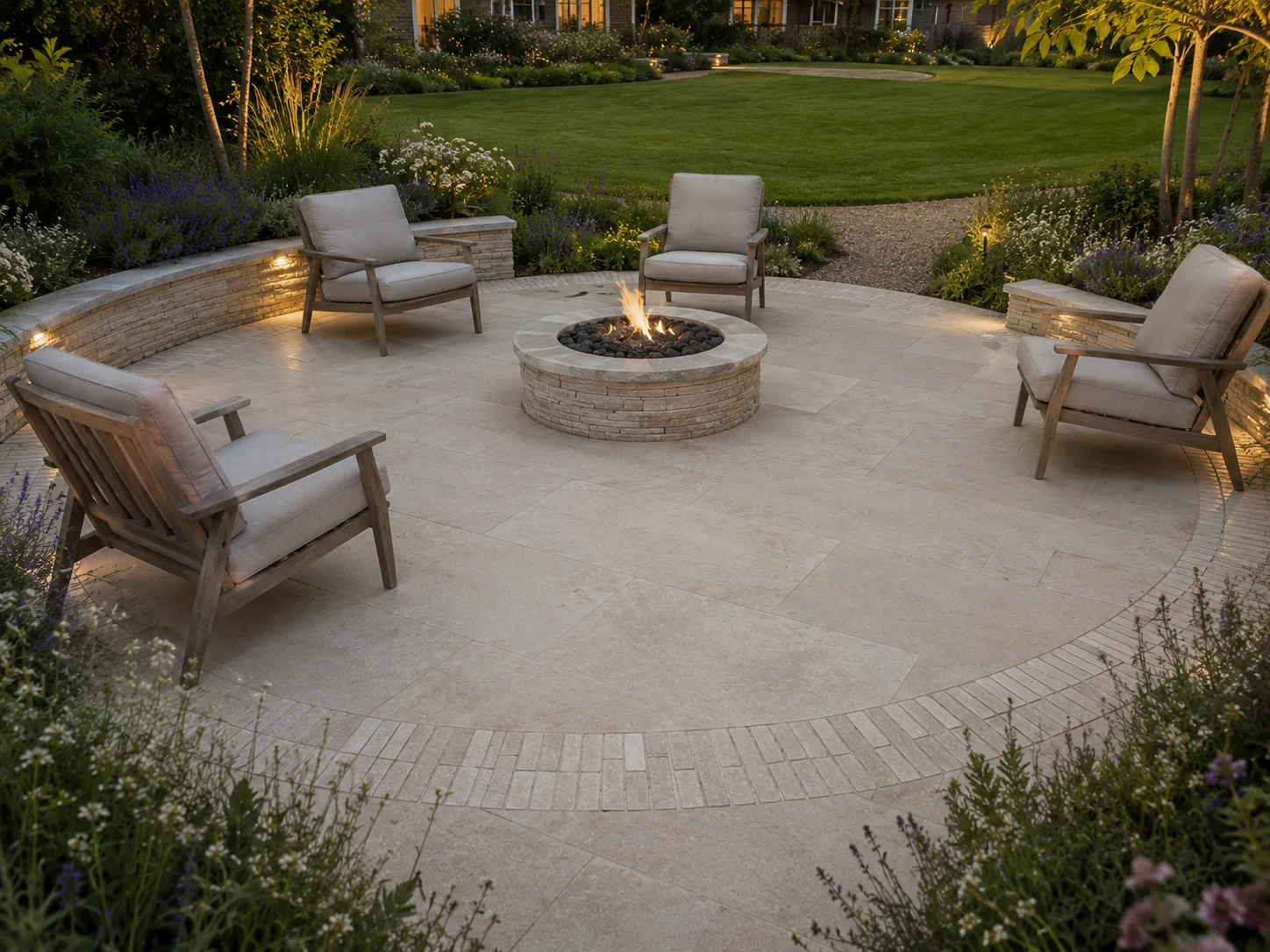 A circular stone patio with a central fire pit, surrounded by four cushioned chairs and a low stone wall, set in a garden.