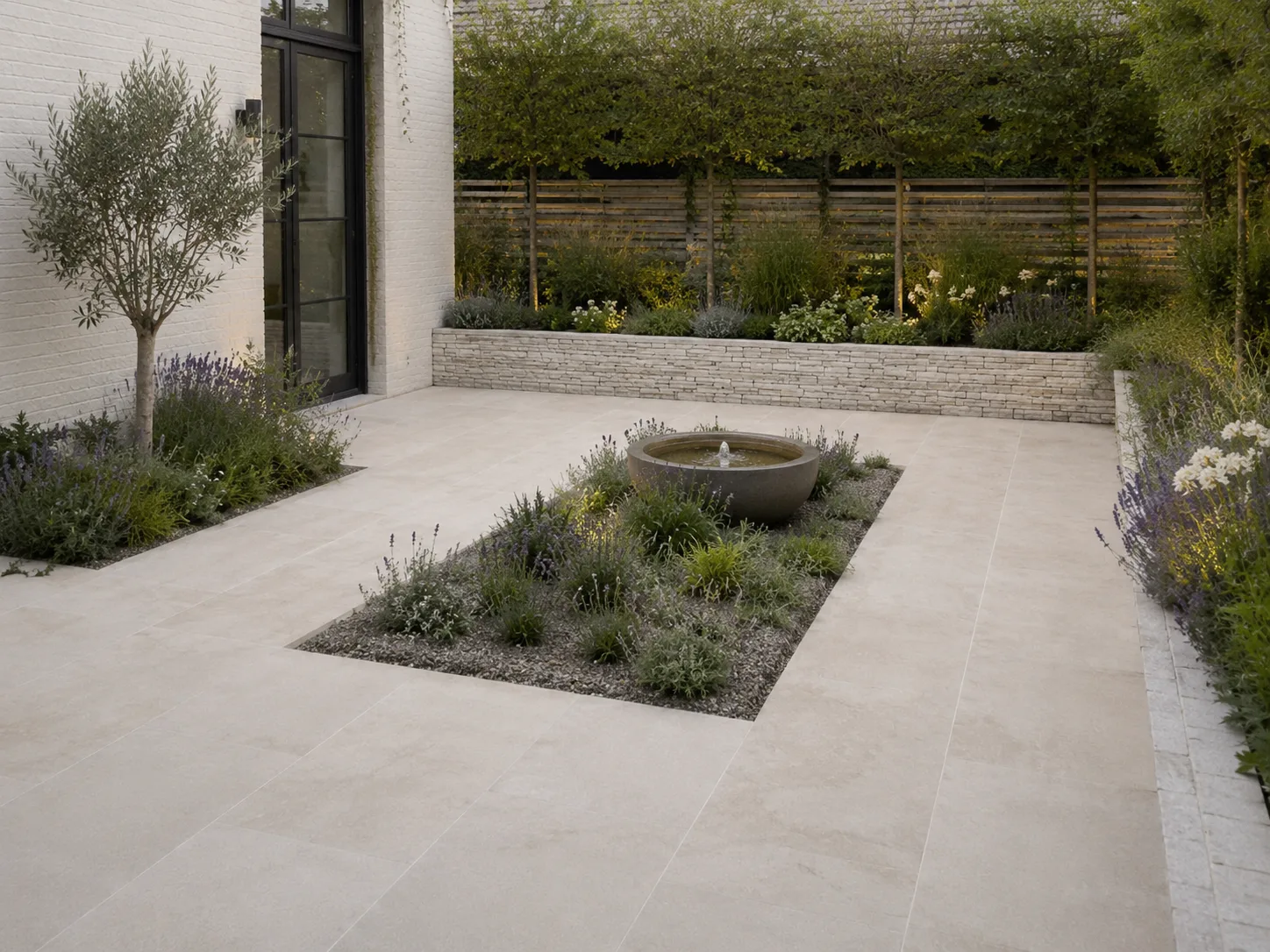 A courtyard with pale limestone paving, a central round water feature, and surrounding greenery.