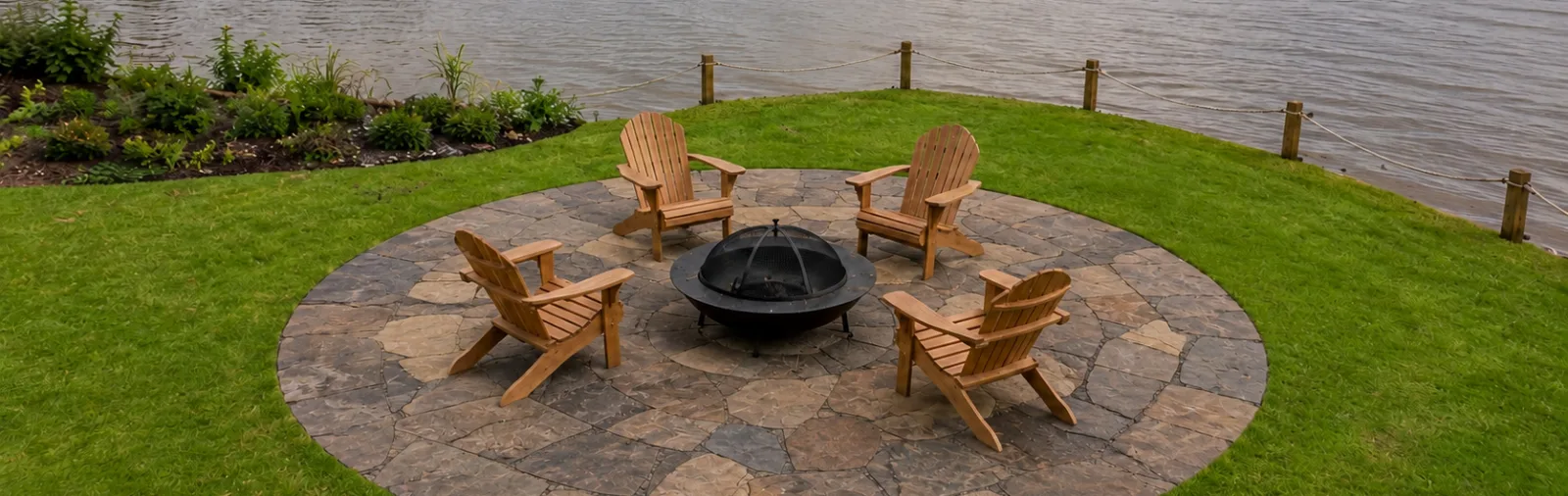 Four wooden chairs around a fire pit on a circular stone patio by a lake.