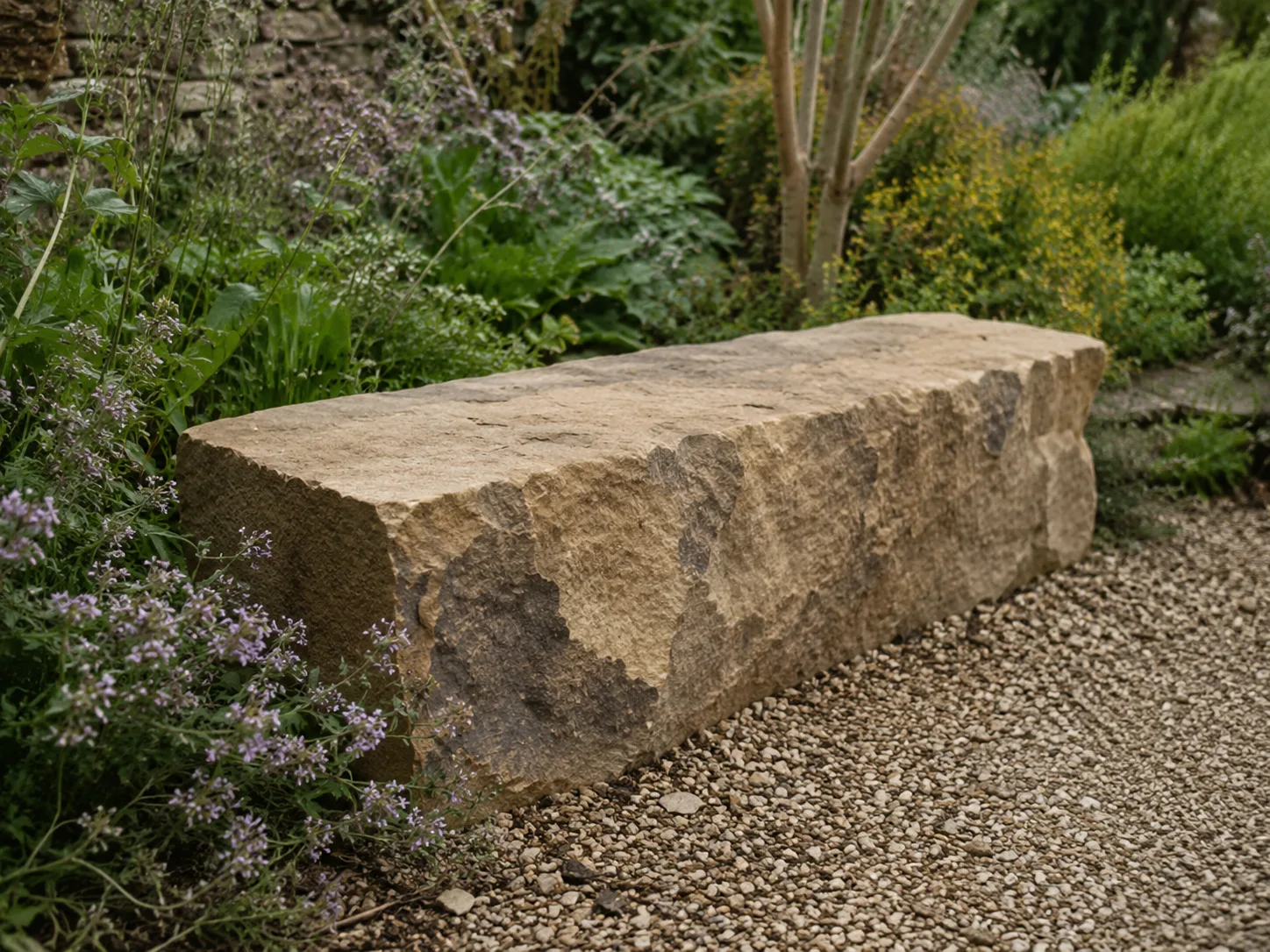A rough-hewn stone bench surrounded by plants and gravel in a garden.