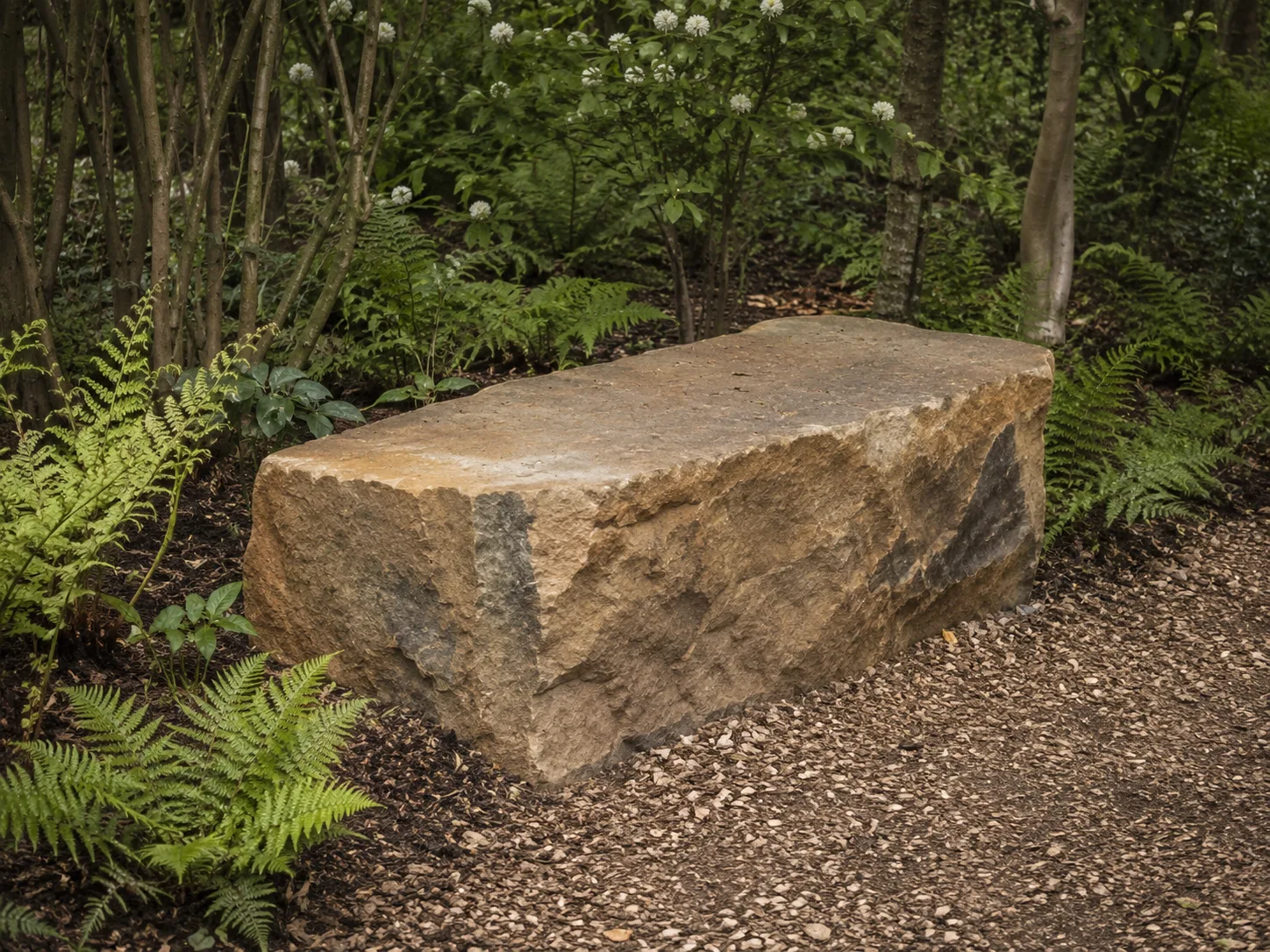 A rough-hewn stone bench set amidst ferns and trees in a woodland setting.