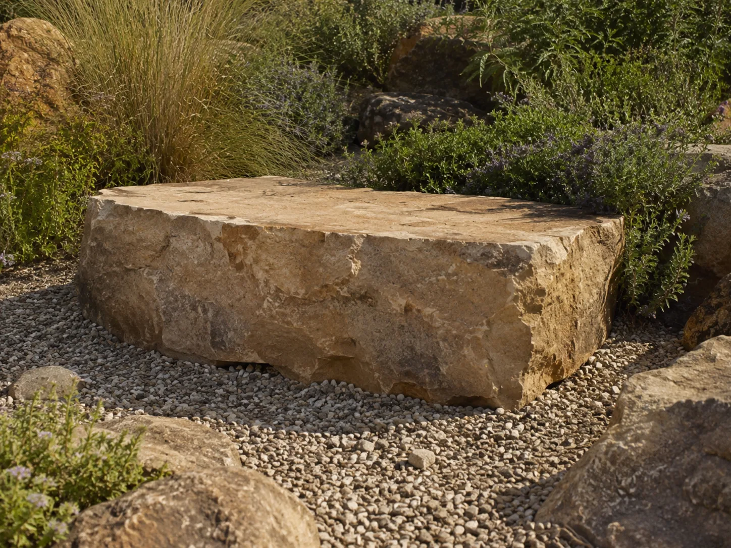 A large, rough-hewn stone surrounded by gravel and plants.