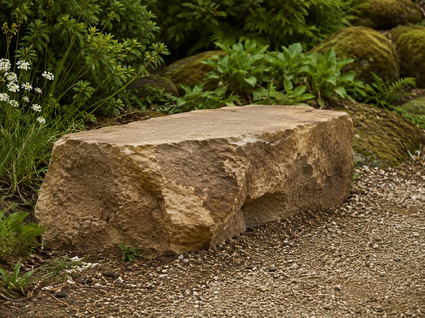 A rough-hewn stone bench set in a garden with greenery and gravel around it.