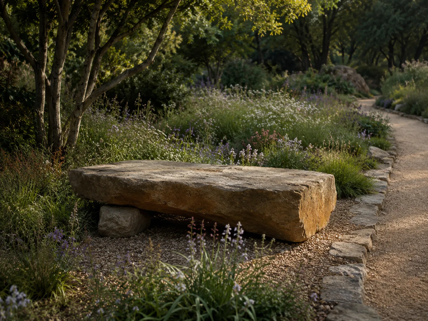 A stone bench set in a garden with surrounding greenery and a gravel path.