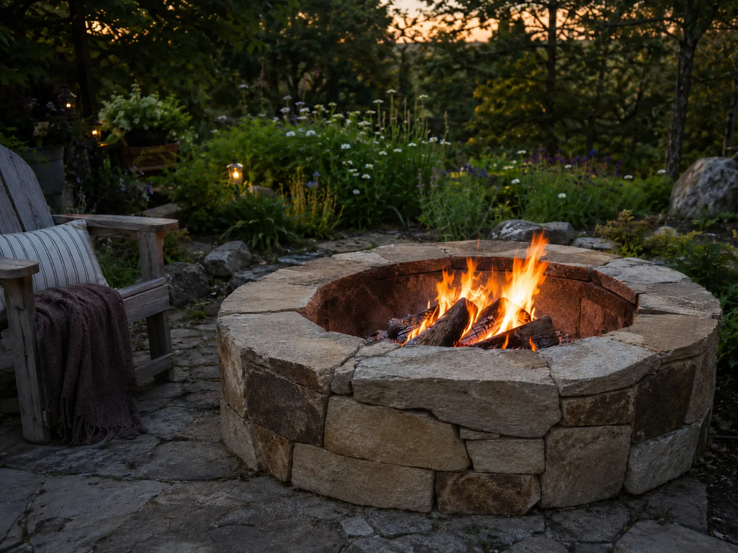 A stone fire pit with burning logs surrounded by a garden and a wooden chair with a blanket, during sunset.