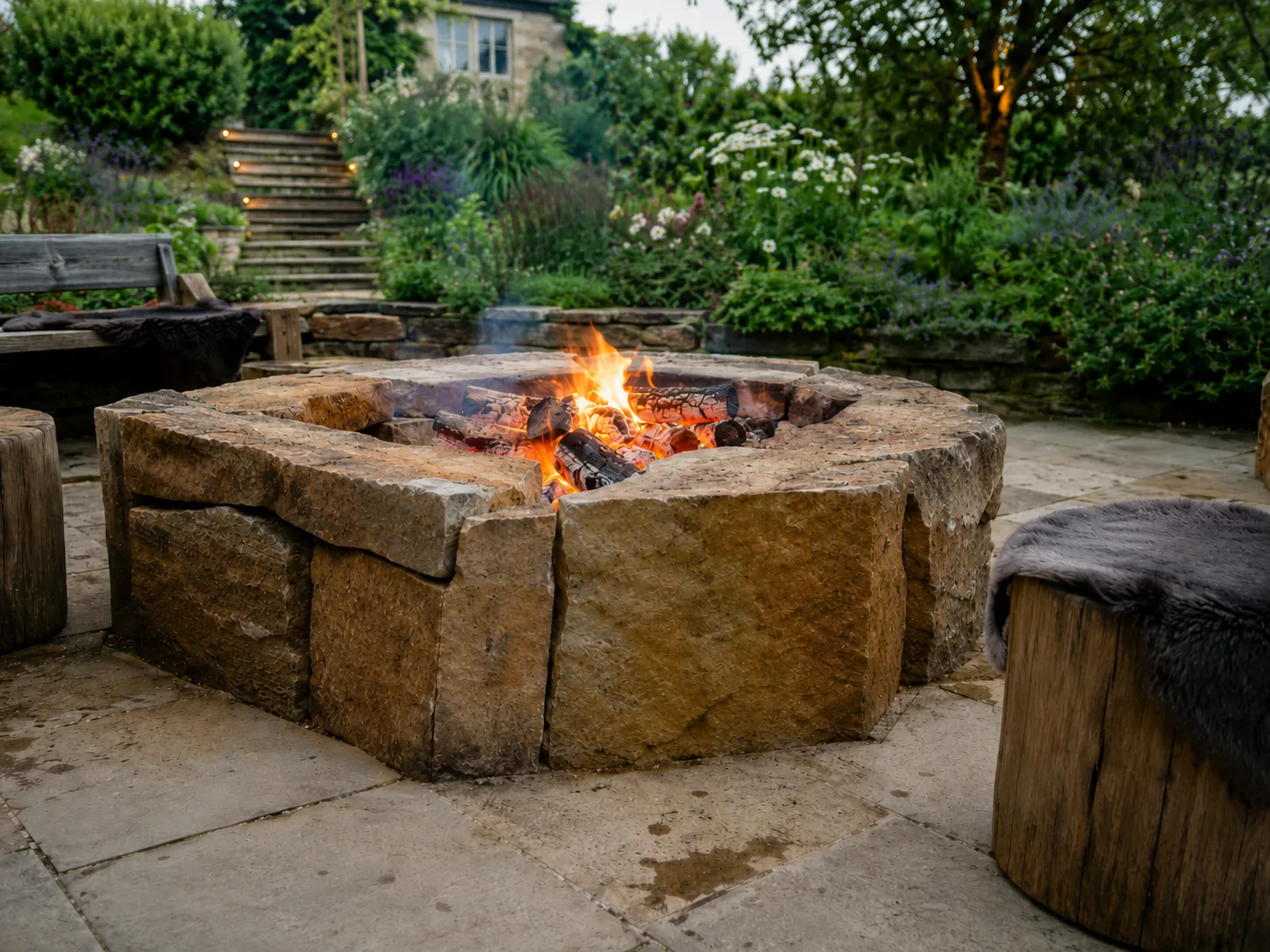 A stone fire pit with a burning fire in a garden setting, surrounded by stone seating and greenery.