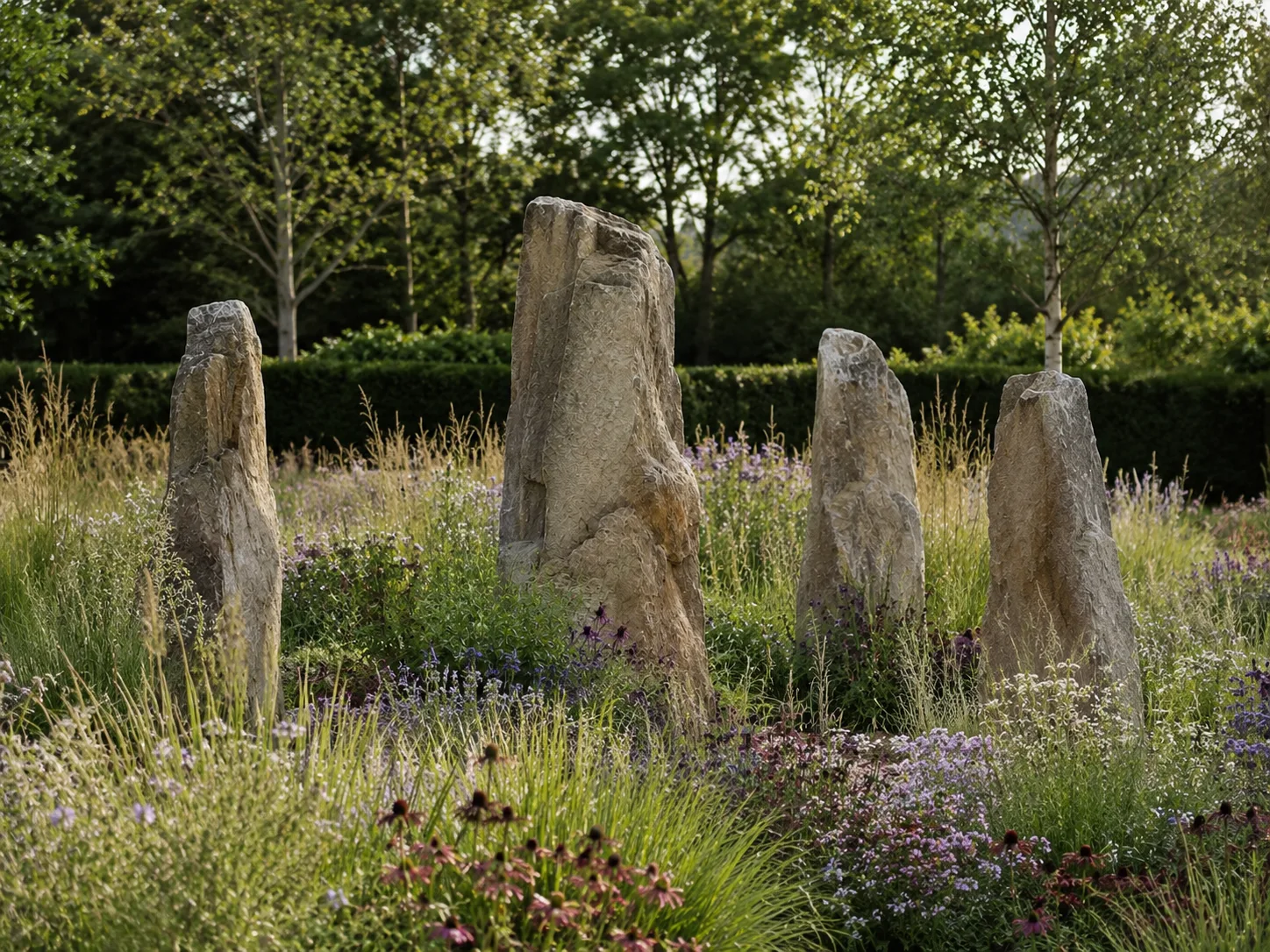 Four standing stones surrounded by tall grasses and wildflowers with trees in the background.