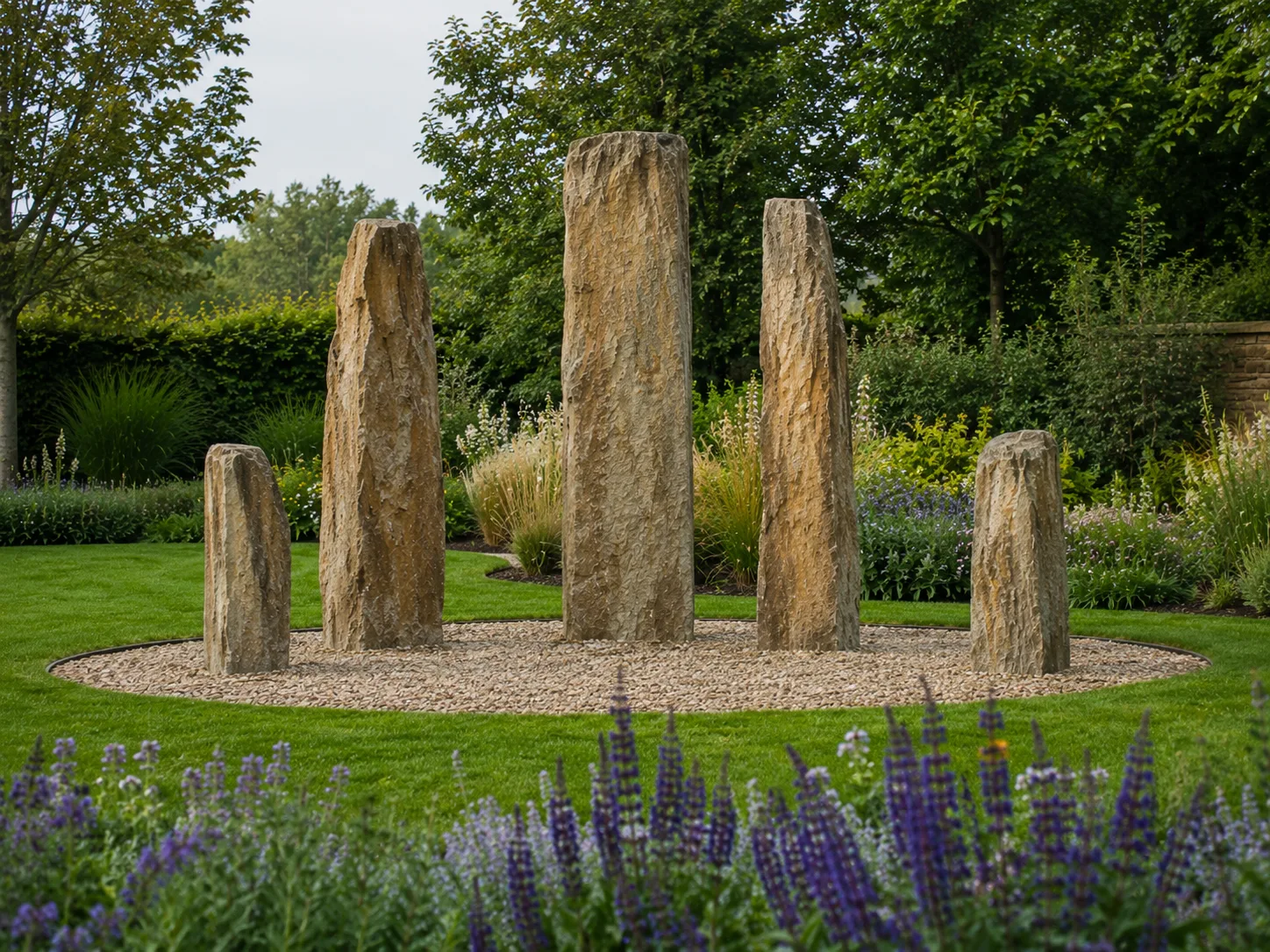 Five tall, rough-hewn standing stones arranged in a circle on a gravel area, surrounded by a garden with grass, flowers, and trees.