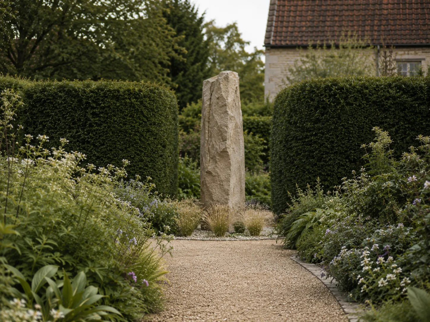 A tall standing stone in a garden, surrounded by trimmed hedges and flowering plants, with a house in the background.