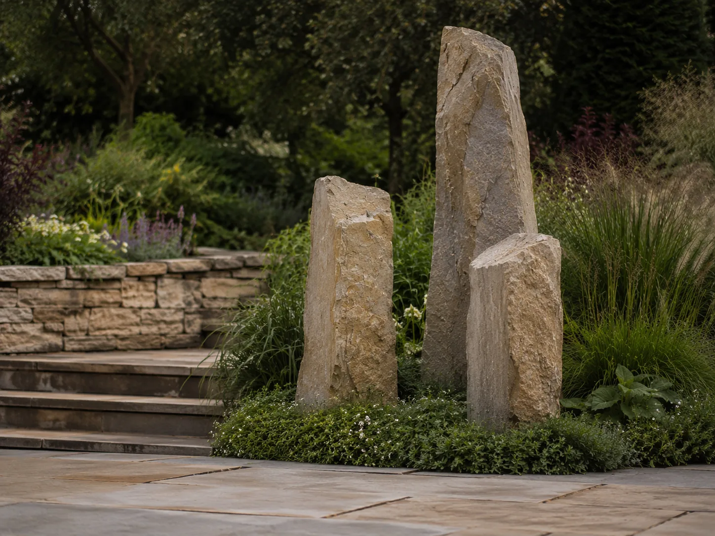 Three tall, rough stone monoliths set in a landscaped garden with surrounding plants and a stone wall in the background.