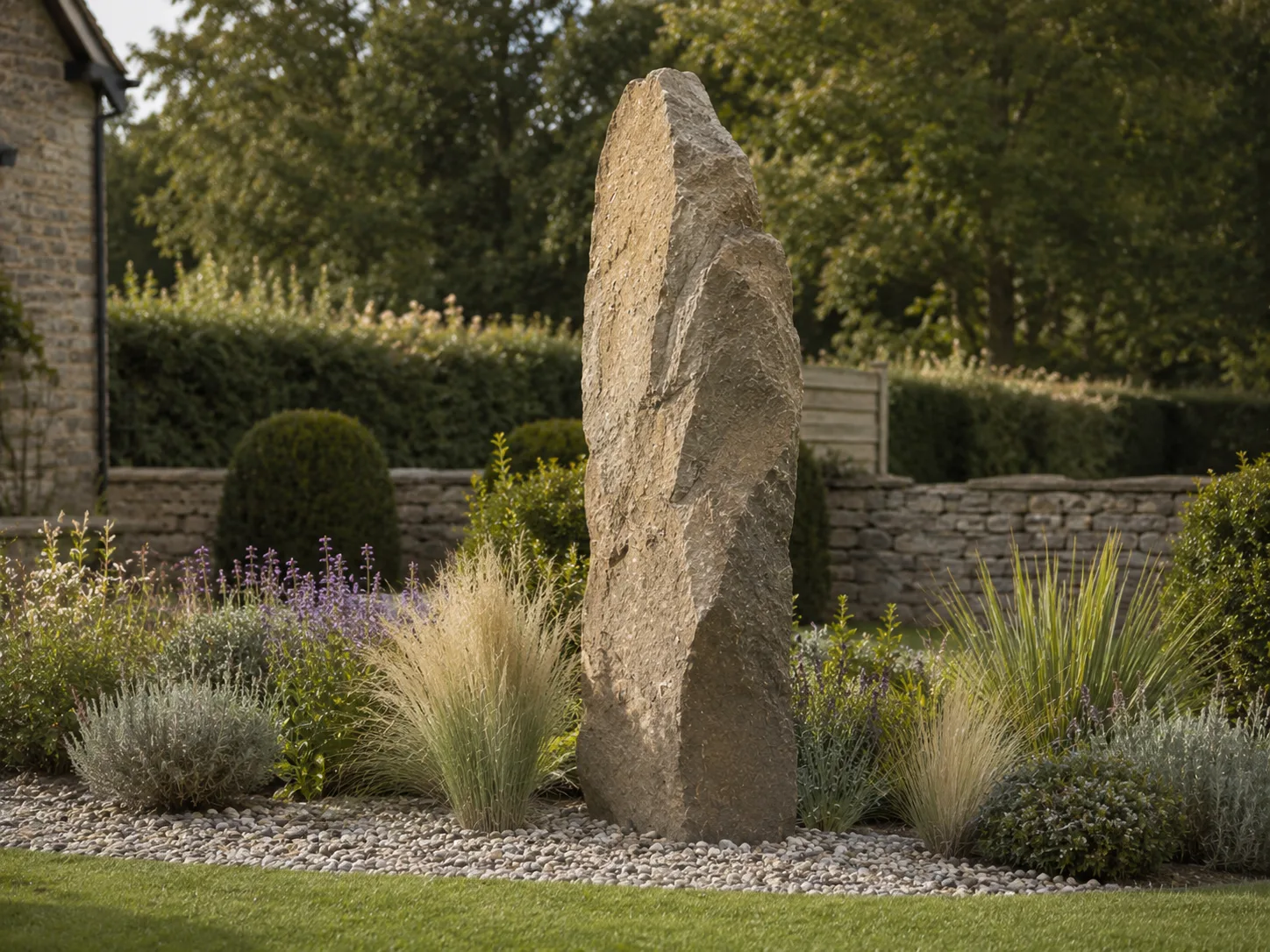 A tall, rough stone standing upright in a landscaped garden with various plants and a stone wall in the background.