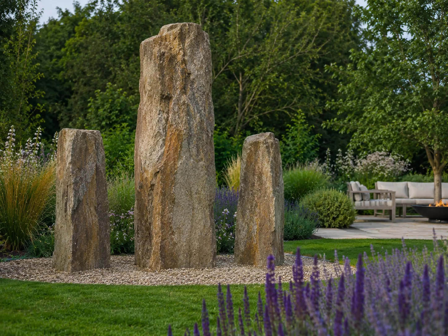 Three large standing stones in a landscaped garden with grass, plants, and a bench in the background.