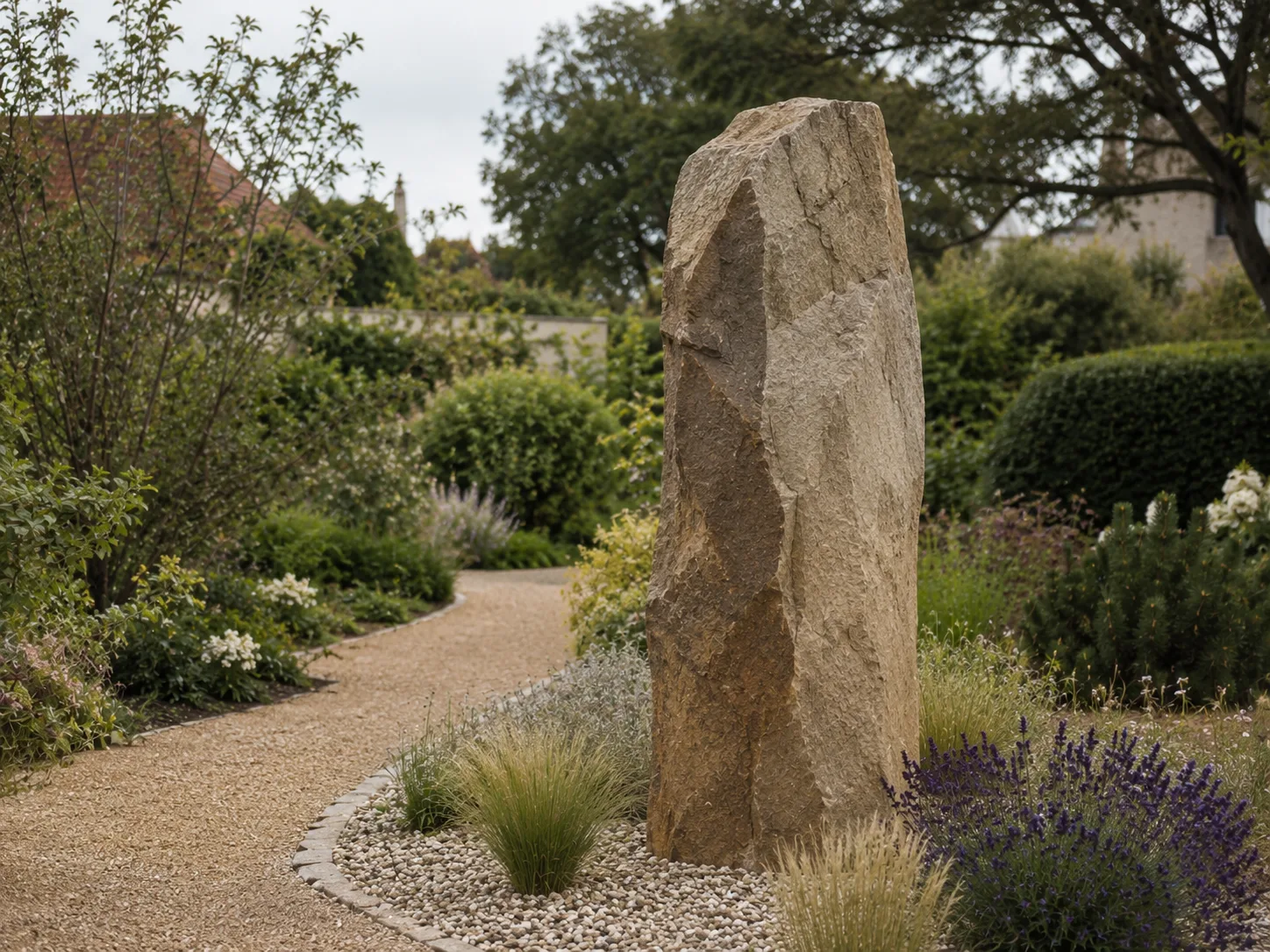 A tall standing stone surrounded by a garden with gravel paths and various plants.