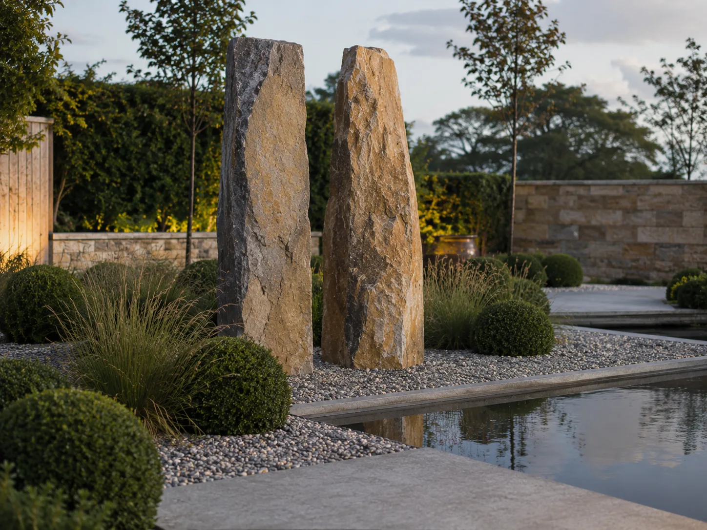 Two tall stone monoliths stand beside a reflective pool in a landscaped garden with hedges and trees.