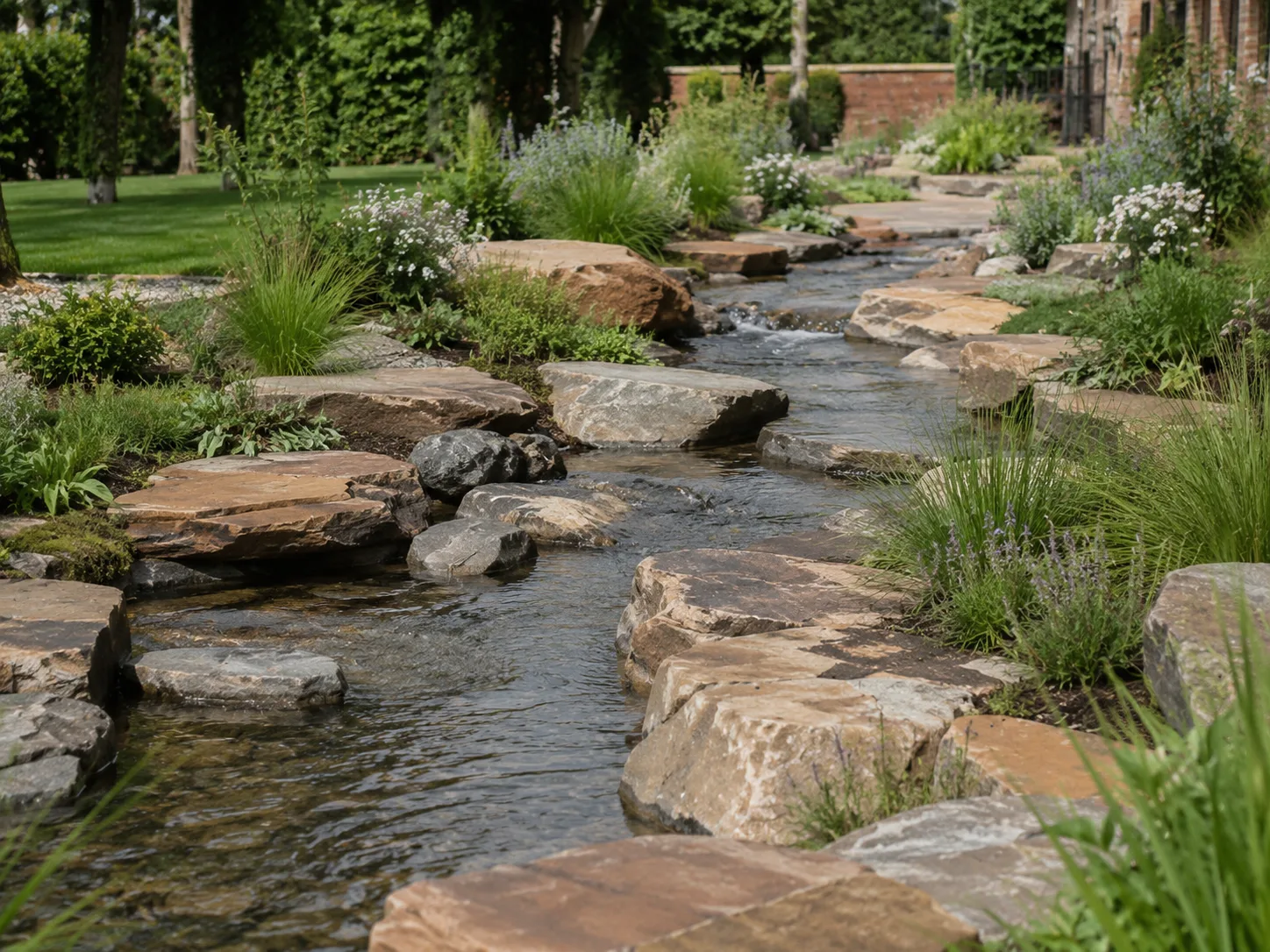 A landscaped garden stream with water flowing over flat, layered stones surrounded by greenery and plants.