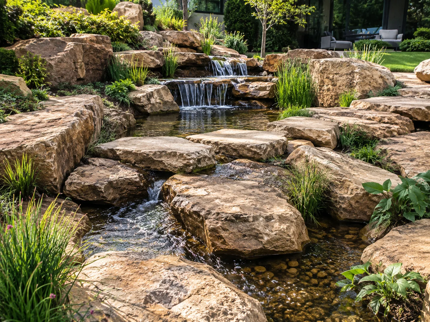 A landscaped garden with a small waterfall flowing over large, flat stones surrounded by greenery.