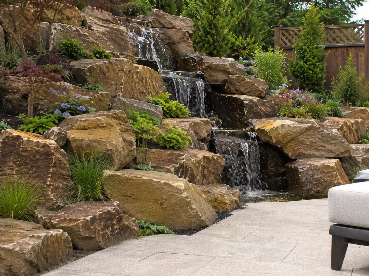 A landscaped garden with a waterfall flowing over large, stacked boulders surrounded by plants.