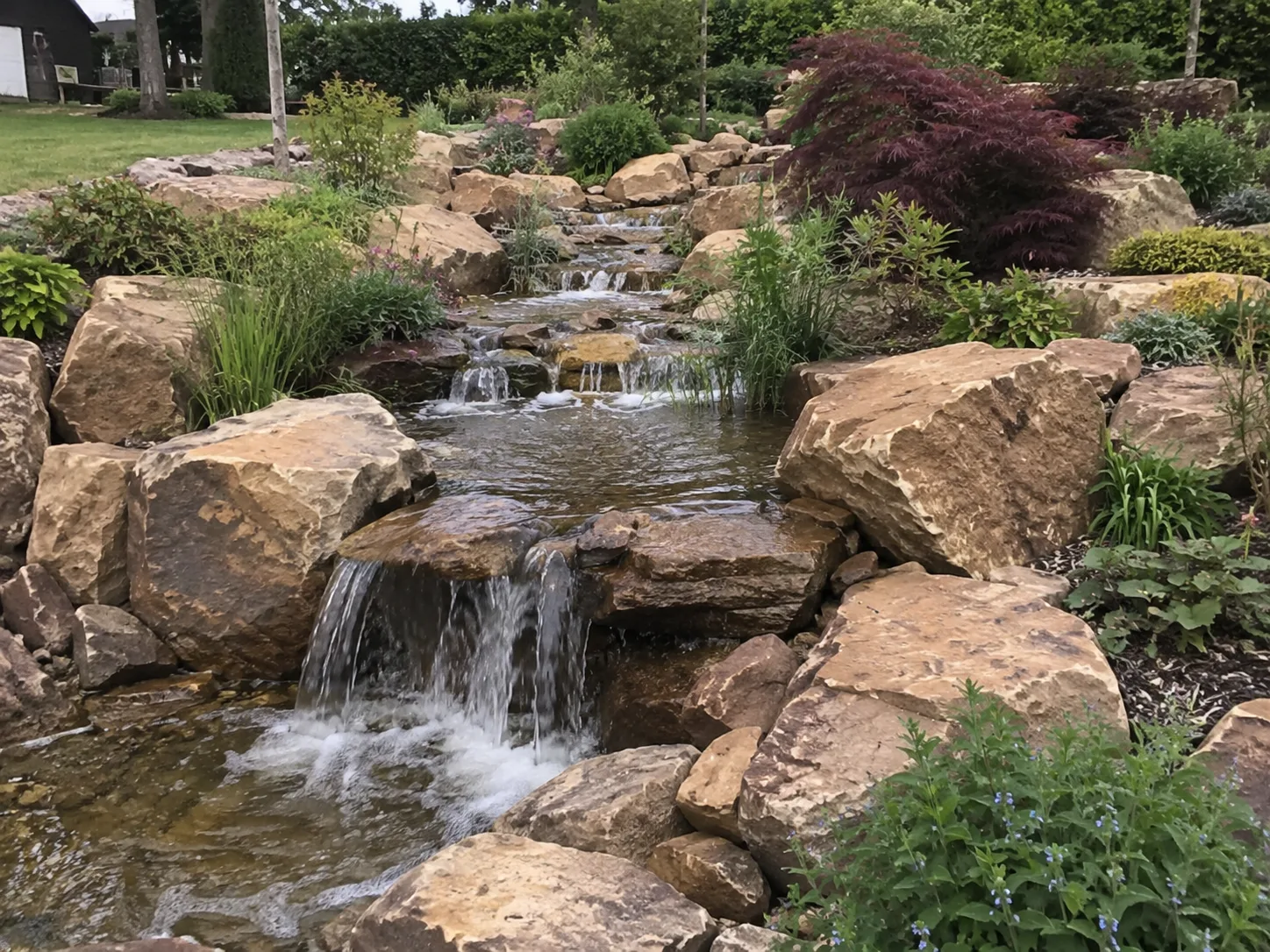 A landscaped garden with a small waterfall flowing over large rocks, surrounded by plants and shrubs.