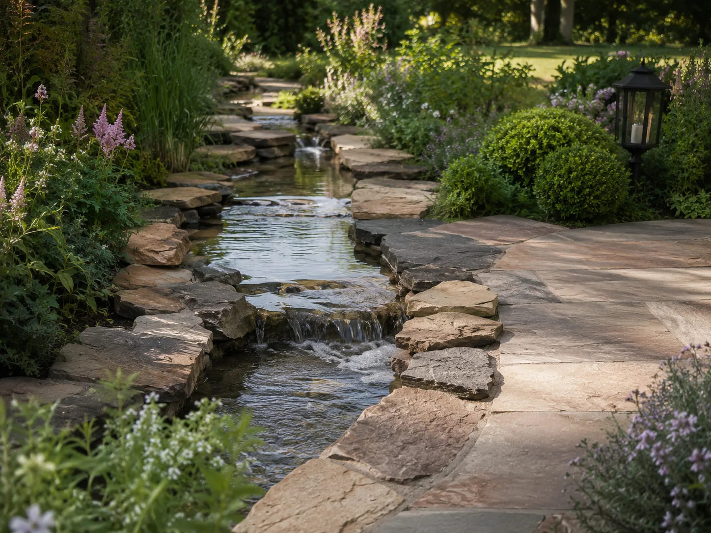 A garden stream bordered by natural stone slabs, surrounded by lush greenery and flowering plants.