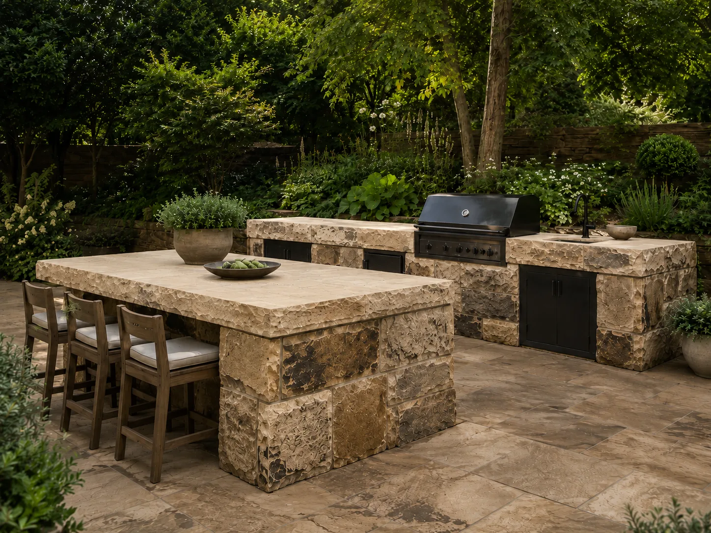 An outdoor kitchen with a stone countertop, chairs, and a built-in grill surrounded by lush greenery.